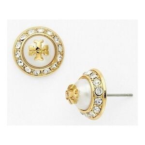 NWT Tory Burch Gold Faux Pearl & Crystal Natalie Stud Earrings Old Money Design